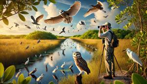 cape-coral-florida-birdwatcher-with-binoculars-observing-burrowing-owls-herons-and-egrets